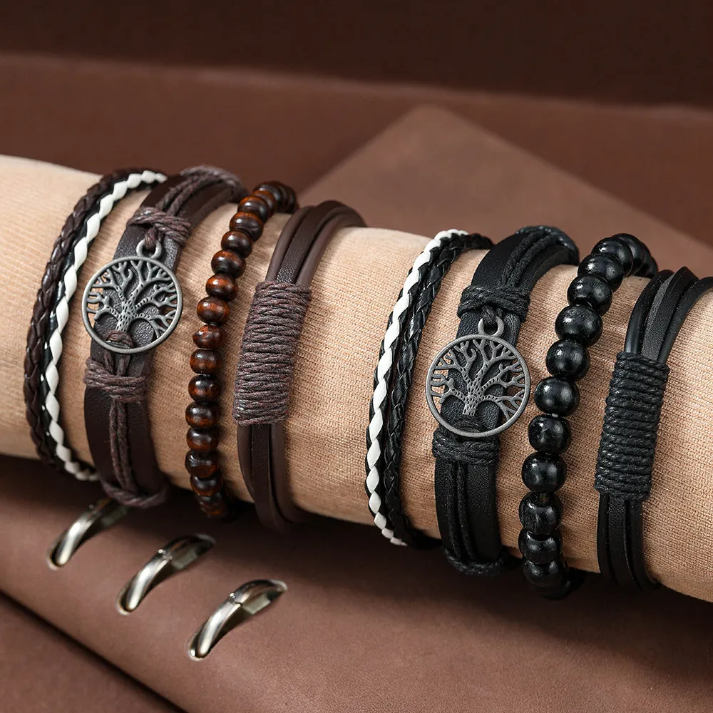 4pcs Set Men's Braided Leather Bracelets Vintage Tree Rudder Charm Brown