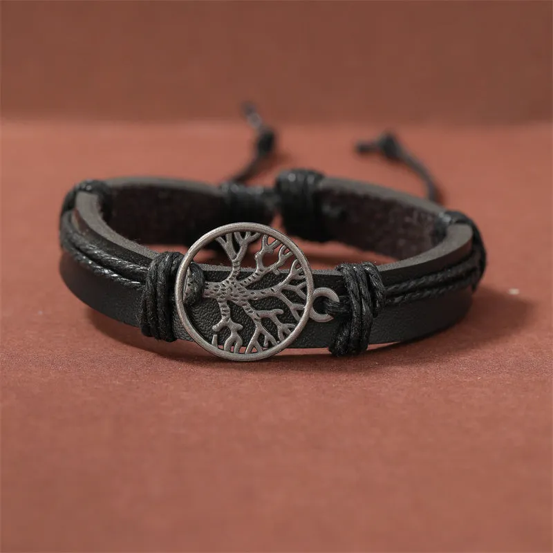 4pcs Set Men's Braided Leather Bracelets Vintage Tree Rudder Charm Brown