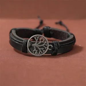 4pcs Set Men's Braided Leather Bracelets Vintage Tree Rudder Charm Brown