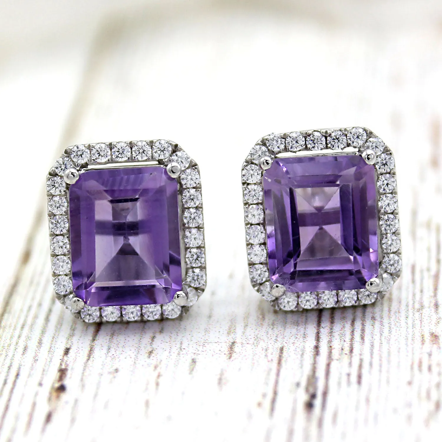 6 TCW Natural Emerald Cut Amethyst Halo Stud Fine Earrings