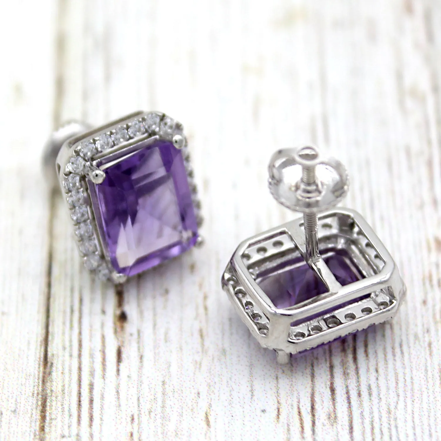 6 TCW Natural Emerald Cut Amethyst Halo Stud Fine Earrings