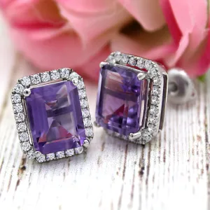 6 TCW Natural Emerald Cut Amethyst Halo Stud Fine Earrings