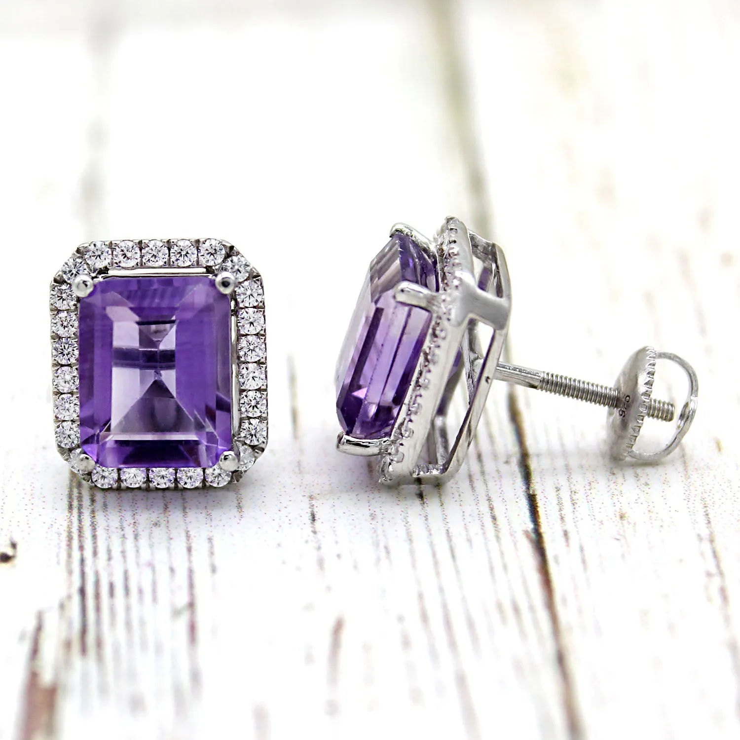 6 TCW Natural Emerald Cut Amethyst Halo Stud Fine Earrings
