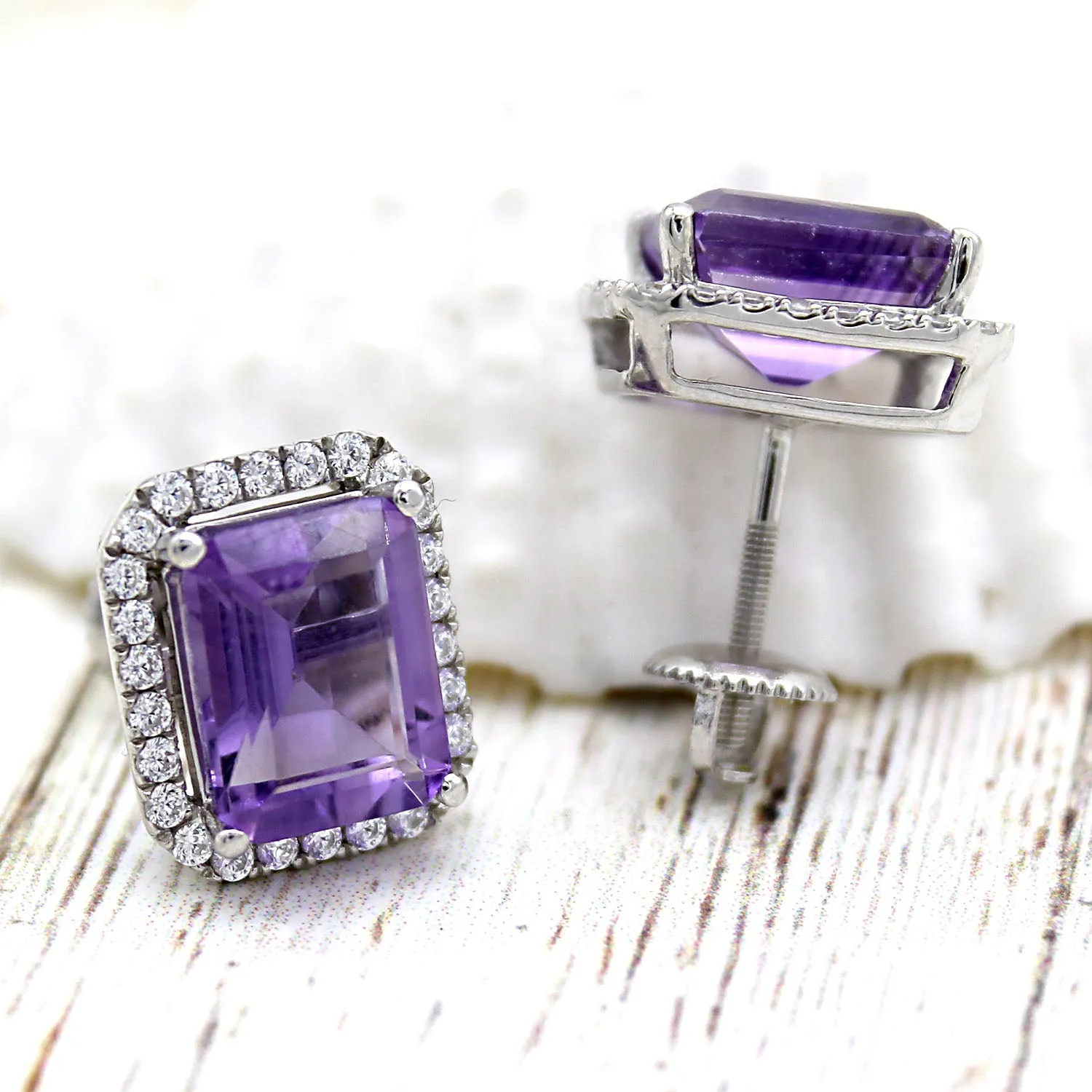6 TCW Natural Emerald Cut Amethyst Halo Stud Fine Earrings