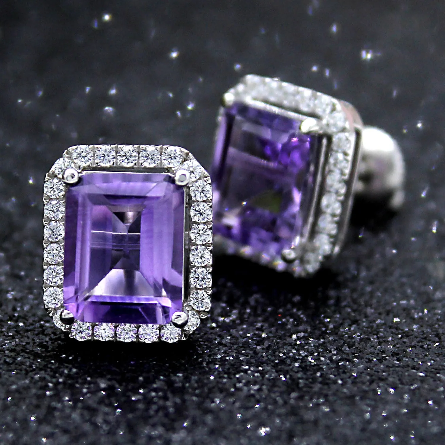 6 TCW Natural Emerald Cut Amethyst Halo Stud Fine Earrings