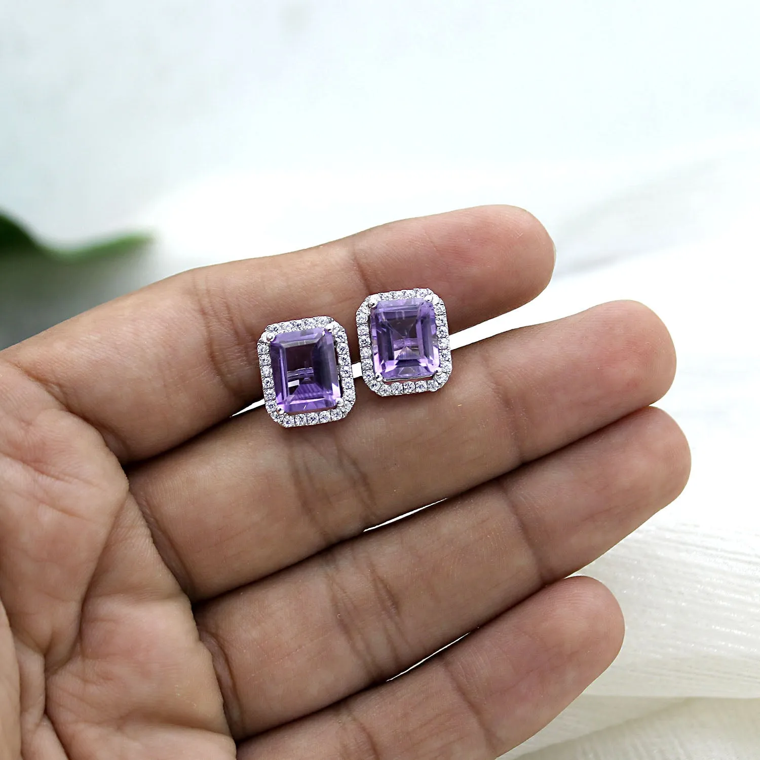 6 TCW Natural Emerald Cut Amethyst Halo Stud Fine Earrings