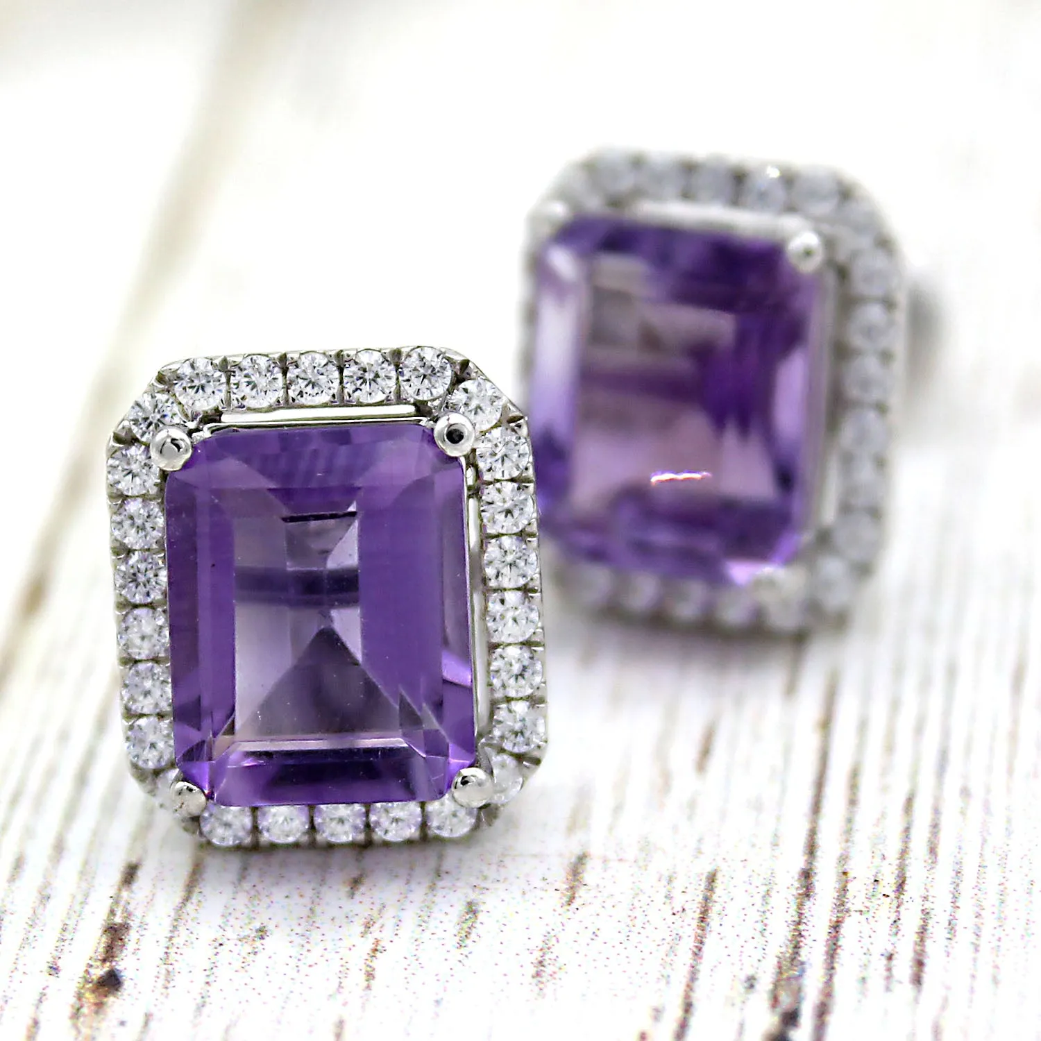 6 TCW Natural Emerald Cut Amethyst Halo Stud Fine Earrings