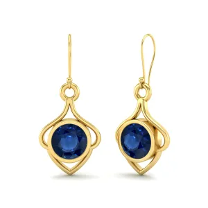 6MM Round Blue Sapphire 9k Yellow Gold Wire Dainty Earrings For Women