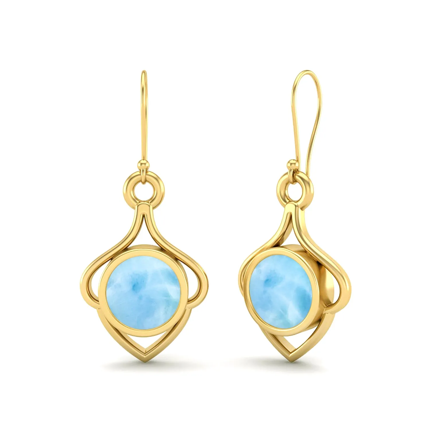 6MM Round Larimar 9k Yellow Gold Wire Dainty Earrings For Women