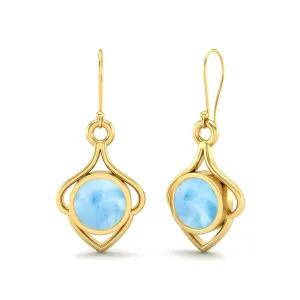 6MM Round Larimar 9k Yellow Gold Wire Dainty Earrings For Women
