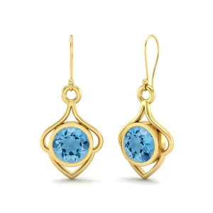 6MM Round Swiss Blue Topaz 9k Yellow Gold Wire Dainty Earrings For Women