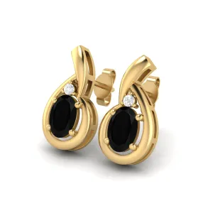6x4mm Oval Shape Black Spinel Studs 9k Yellow Gold Teardrop Earrings