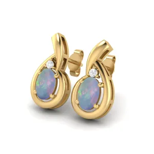 6x4mm Oval Shape Ethiopian Opal Studs 9k Yellow Gold Teardrop Earrings
