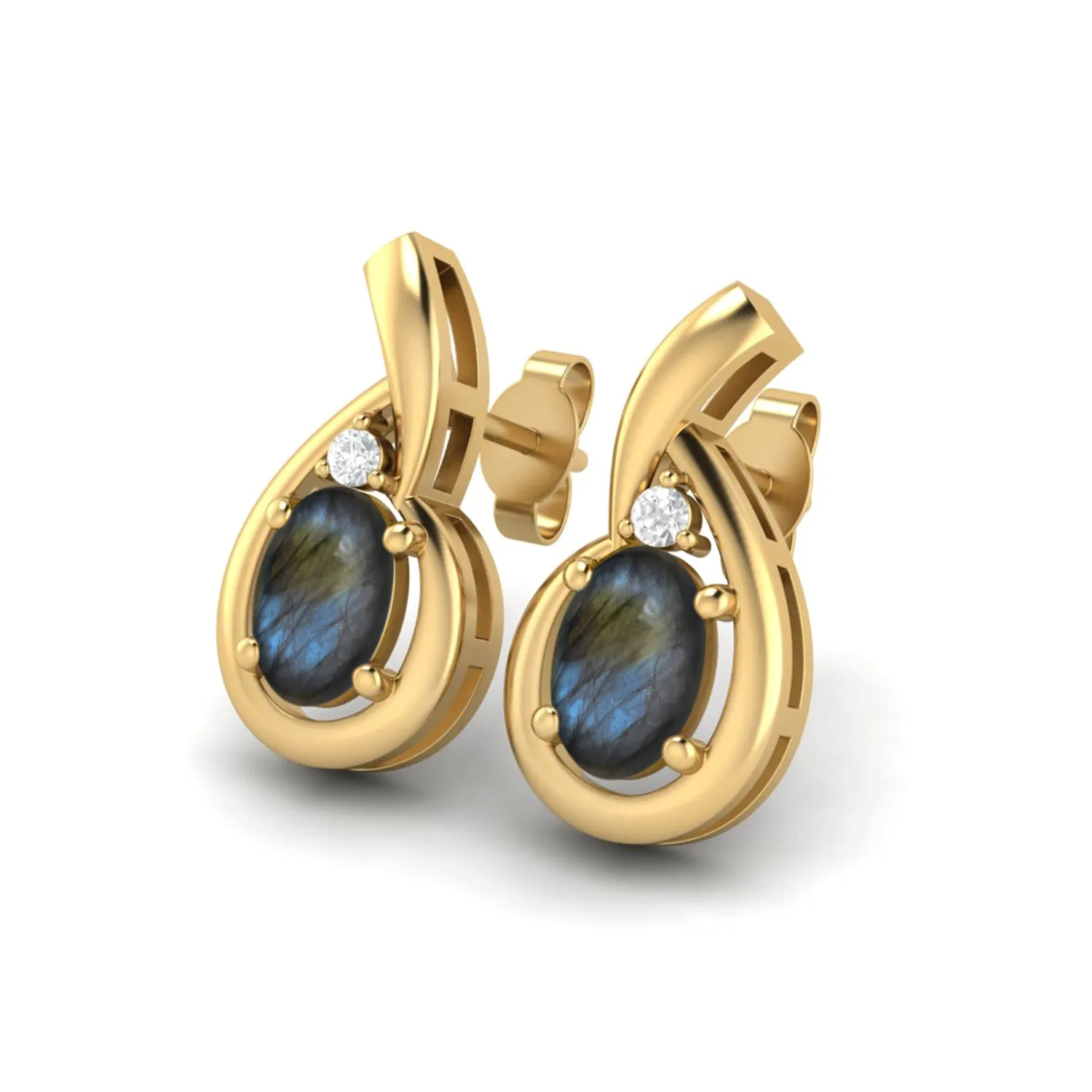 6x4mm Oval Shape Labradorite Studs 9k Yellow Gold Teardrop Earrings