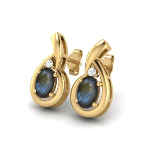 6x4mm Oval Shape Labradorite Studs 9k Yellow Gold Teardrop Earrings