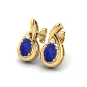 6x4mm Oval Shape Lapis Studs 9k Yellow Gold Teardrop Earrings