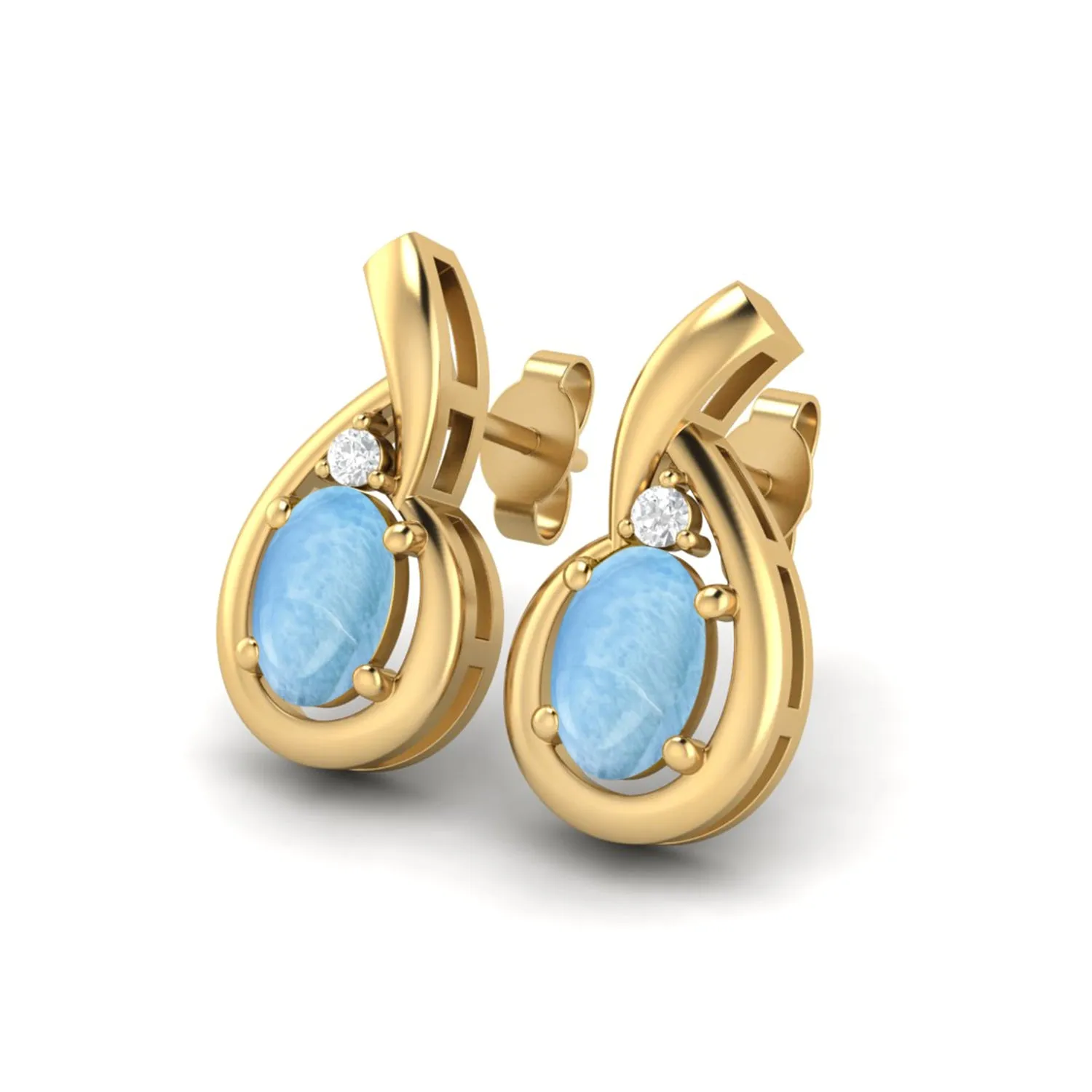 6x4mm Oval Shape Larimar Studs 9k Yellow Gold Teardrop Earrings