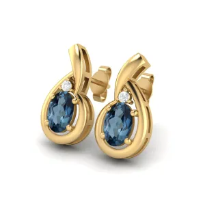 6x4mm Oval Shape London Blue Topaz Studs 9k Yellow Gold Teardrop Earrings