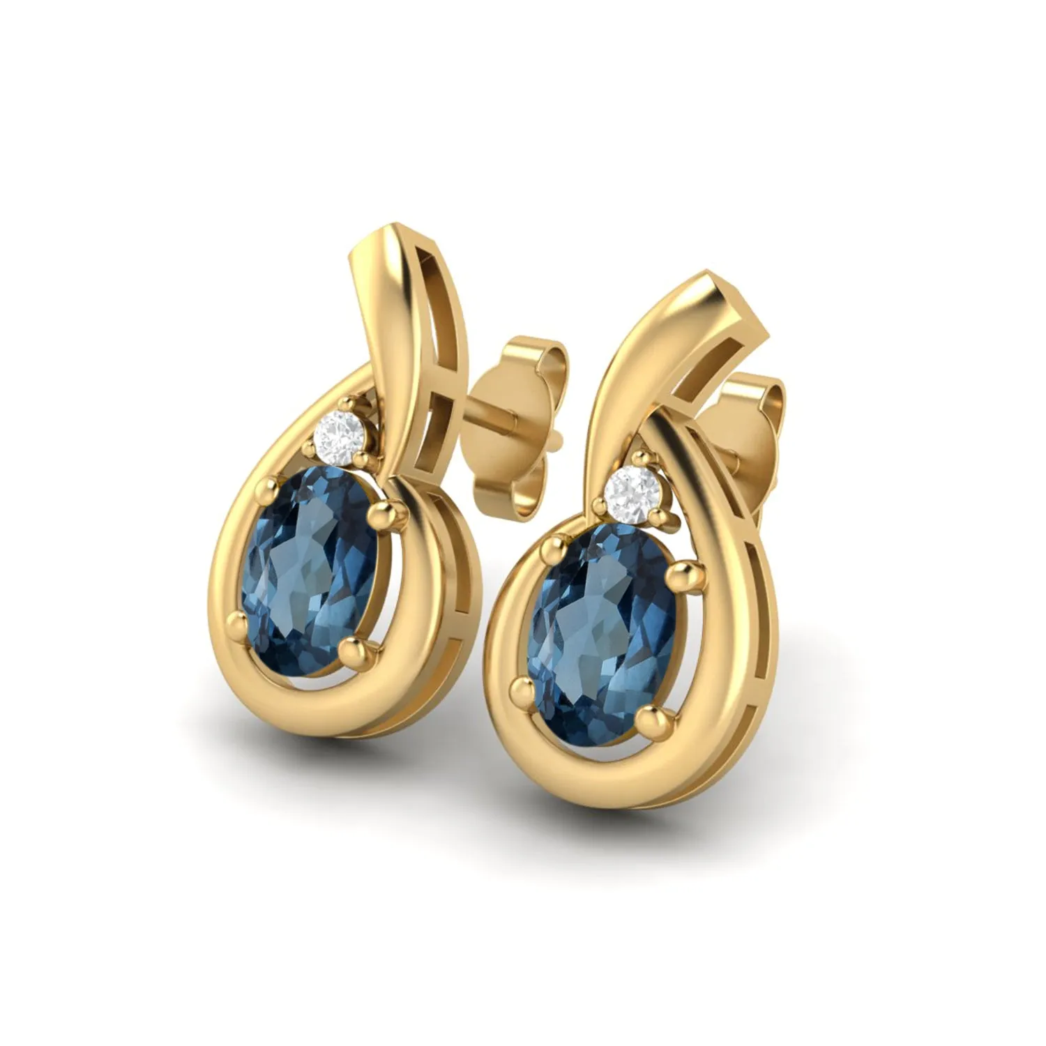 6x4mm Oval Shape London Blue Topaz Studs 9k Yellow Gold Teardrop Earrings