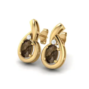 6x4mm Oval Shape Smoky Quartz Studs 9k Yellow Gold Teardrop Earrings
