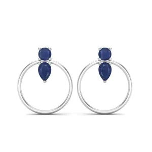 6x4MM Pear Blue Sapphire 9k White Gold Open Circle Minimalist Women Earrings