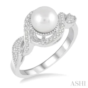 7 MM Round Shape Center Cultured Pearl and 1/10 ctw Round Cut Diamond Twisted Swirl Ring in 10K White Gold