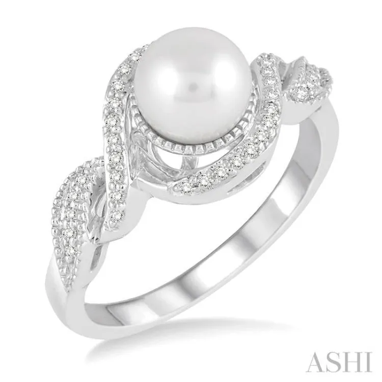 7 MM Round Shape Center Cultured Pearl and 1/10 ctw Round Cut Diamond Twisted Swirl Ring in 10K White Gold