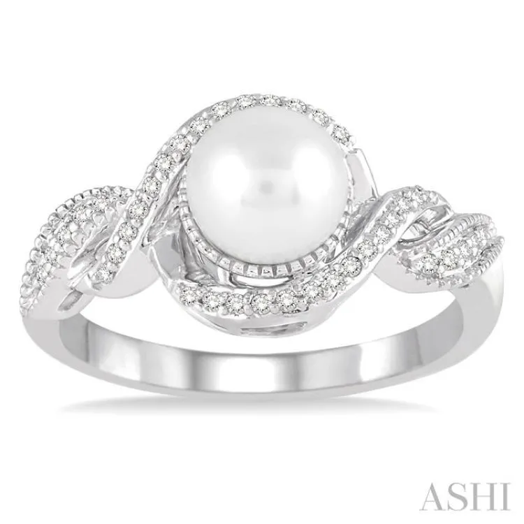 7 MM Round Shape Center Cultured Pearl and 1/10 ctw Round Cut Diamond Twisted Swirl Ring in 10K White Gold
