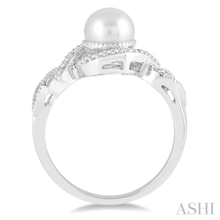 7 MM Round Shape Center Cultured Pearl and 1/10 ctw Round Cut Diamond Twisted Swirl Ring in 10K White Gold