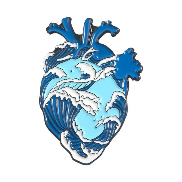 7pcs Heart pin Ocean Wave Bandage brave hearts enamel pins brooch for women men Punk Lapel pin badges organ Anatomy jewelry gift