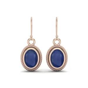 7x5MM Oval Natural Blue Sapphire 9k Rose Gold Dangle Wire Women Earrings
