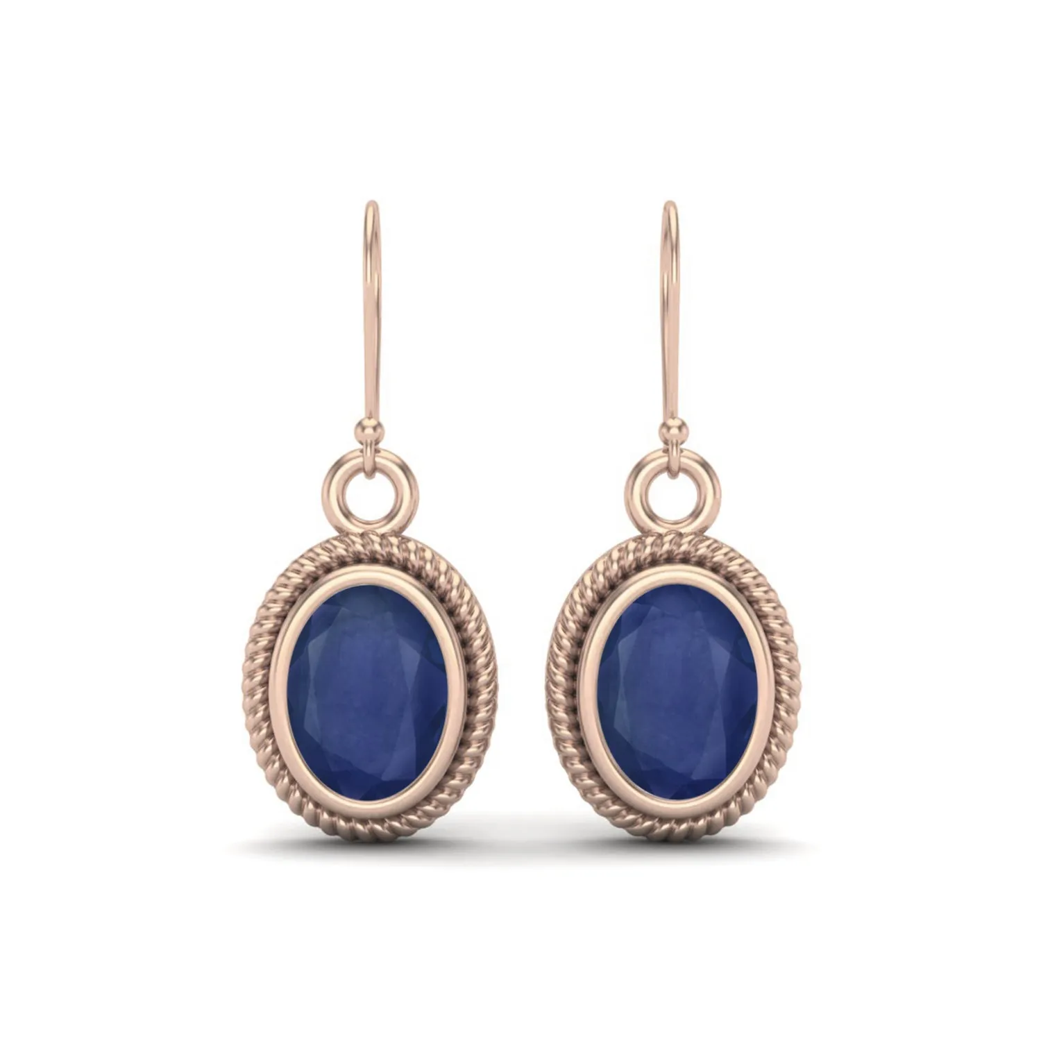 7x5MM Oval Natural Blue Sapphire 9k Rose Gold Dangle Wire Women Earrings
