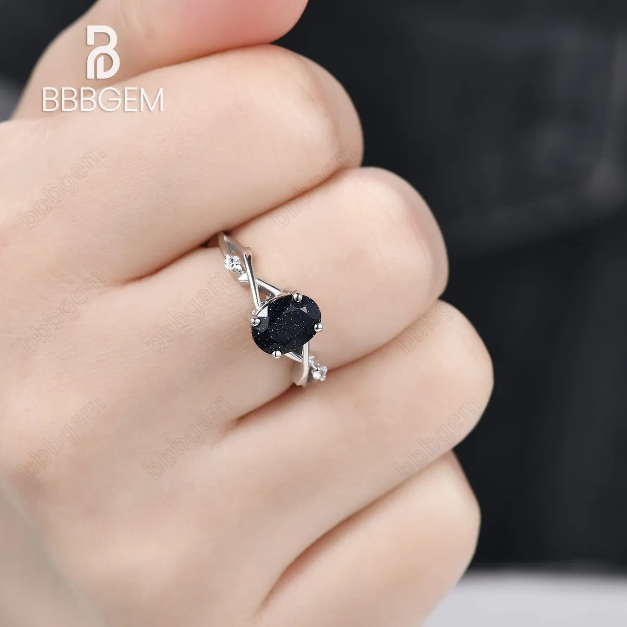 925 Silver White Gold Oval Natural Blue Sandstone Twisted Vine Solitaire Engagement Ring Nature