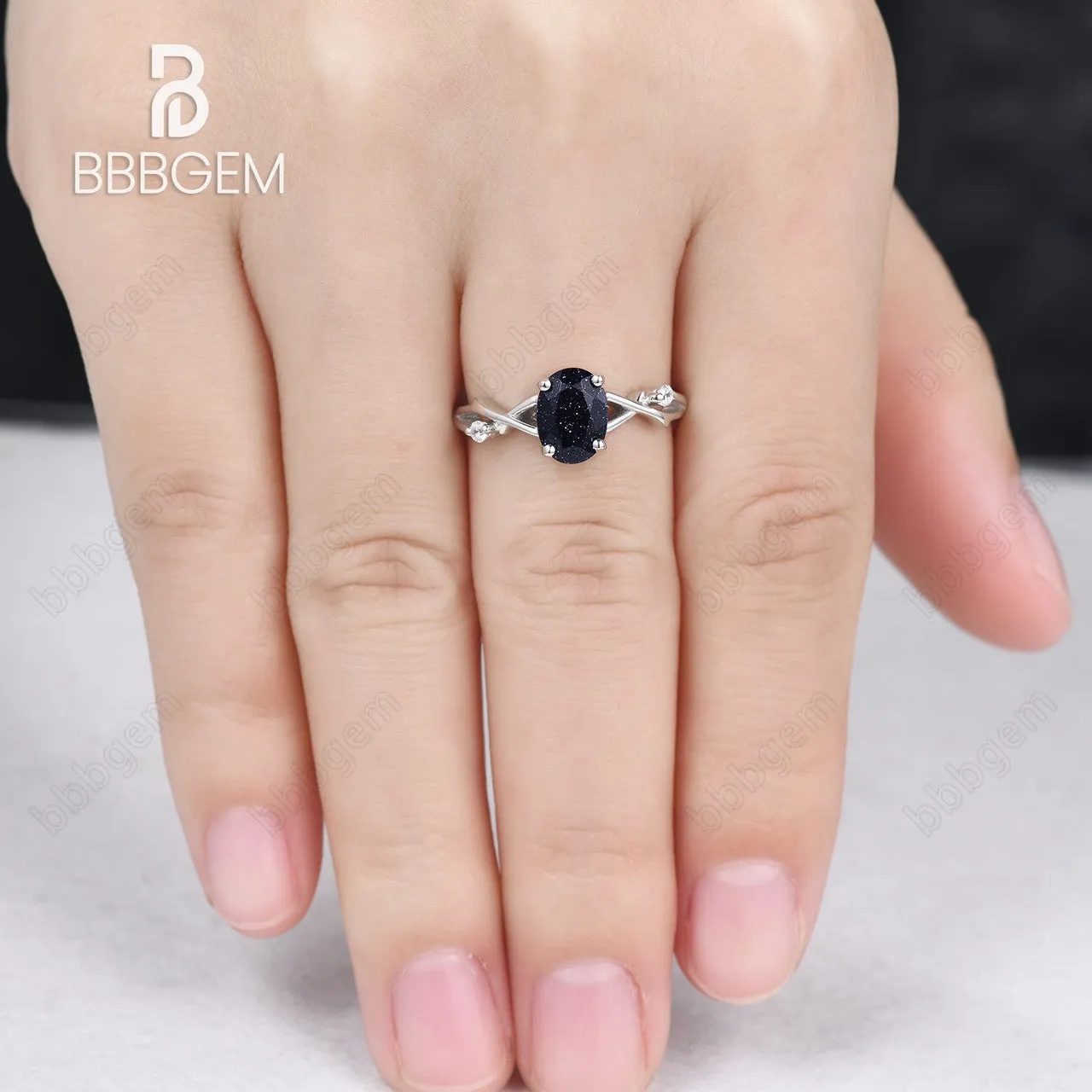 925 Silver White Gold Oval Natural Blue Sandstone Twisted Vine Solitaire Engagement Ring Nature
