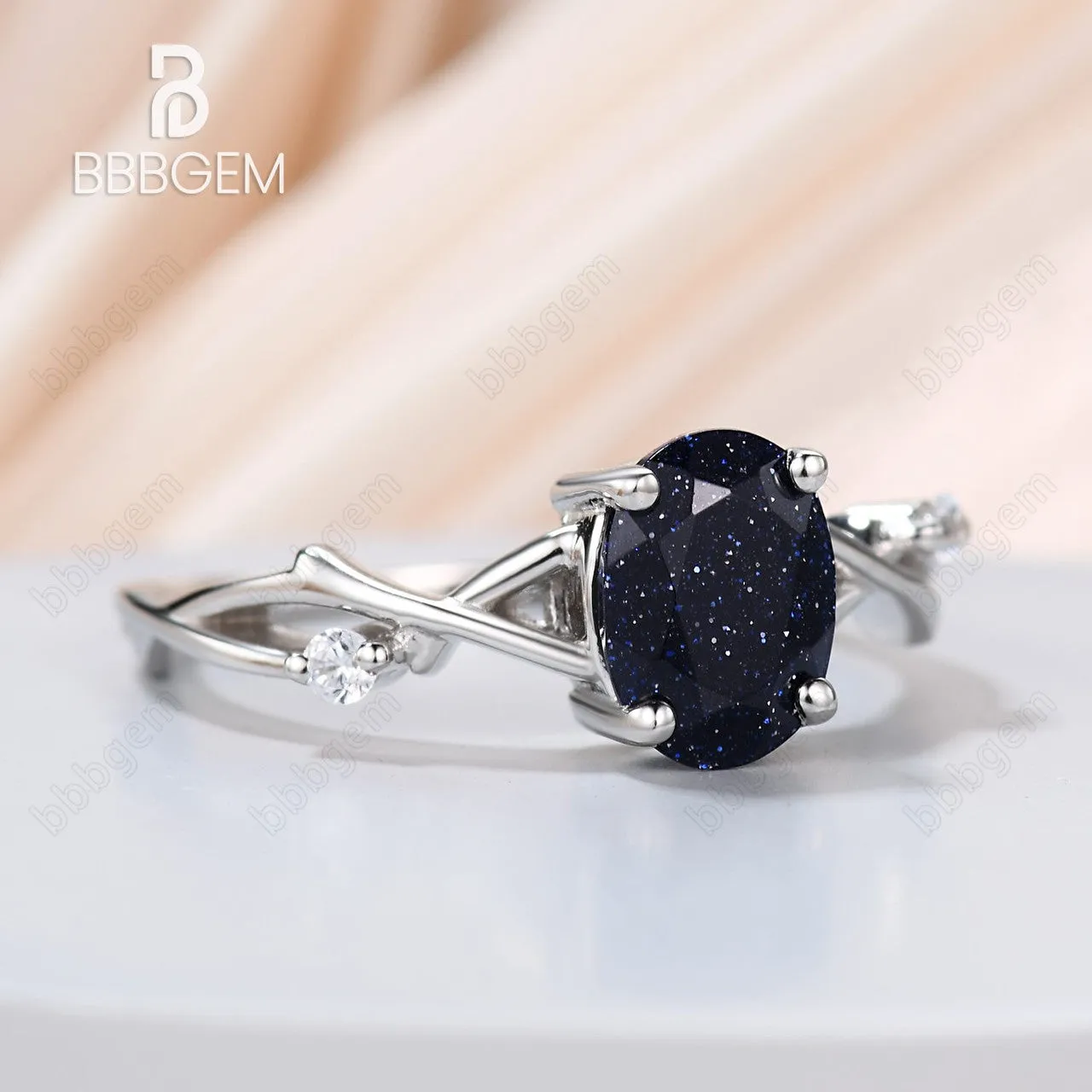 925 Silver White Gold Oval Natural Blue Sandstone Twisted Vine Solitaire Engagement Ring Nature