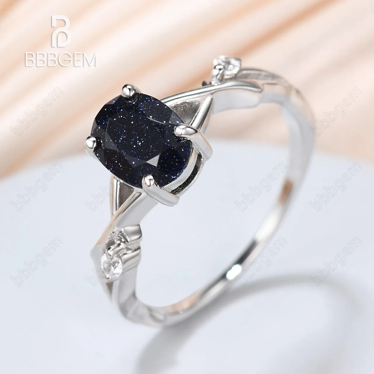 925 Silver White Gold Oval Natural Blue Sandstone Twisted Vine Solitaire Engagement Ring Nature
