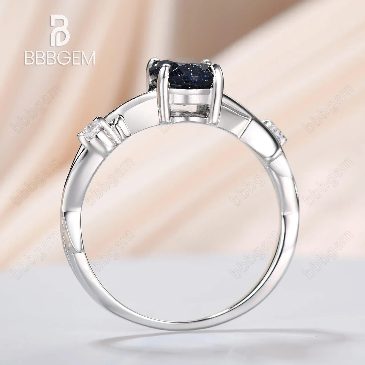 925 Silver White Gold Oval Natural Blue Sandstone Twisted Vine Solitaire Engagement Ring Nature