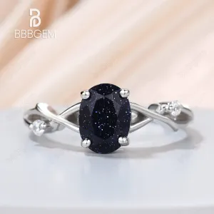 925 Silver White Gold Oval Natural Blue Sandstone Twisted Vine Solitaire Engagement Ring Nature