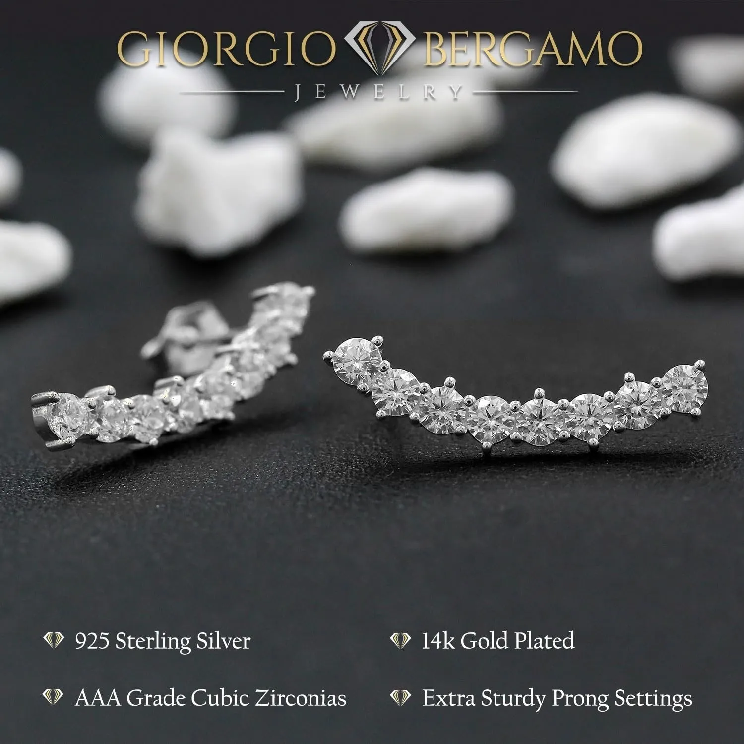 925 Sterling Silver Curved Bar Ear Climber Earrings