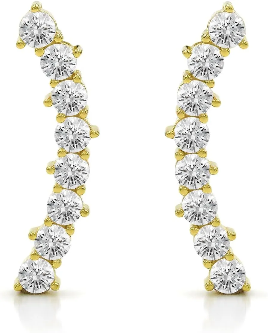 925 Sterling Silver Curved Bar Ear Climber Earrings