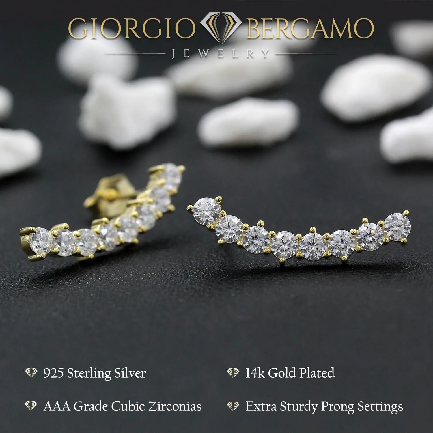 925 Sterling Silver Curved Bar Ear Climber Earrings