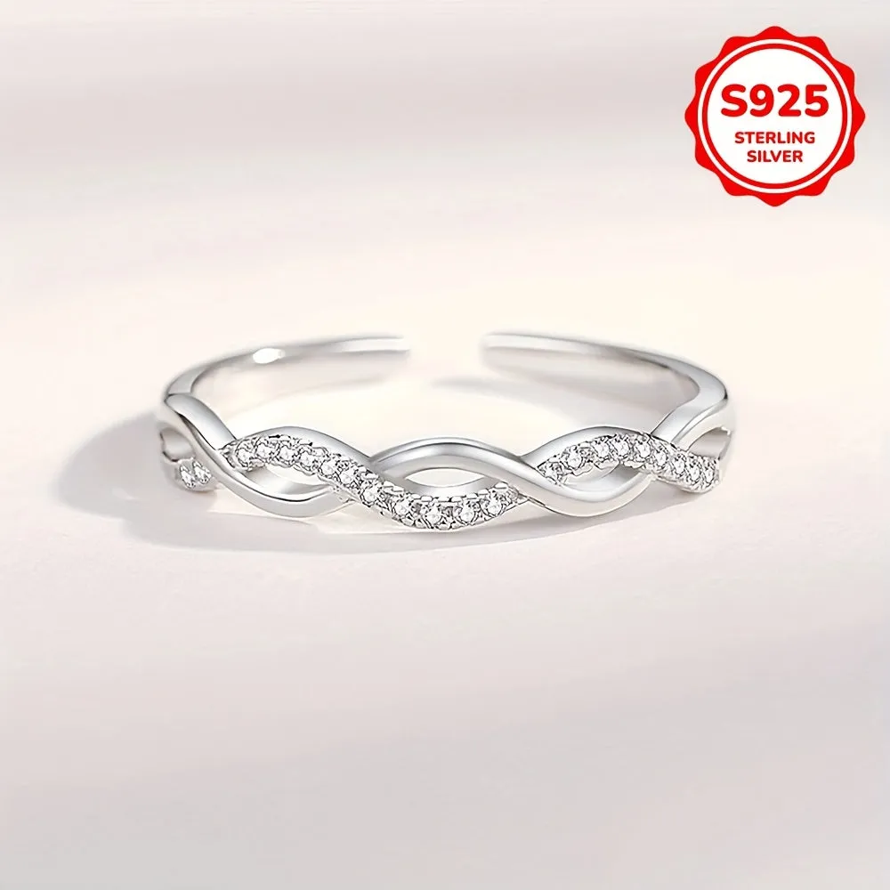 925 Sterling Silver Twisted Ropes Zirconia Adjustable Cuff