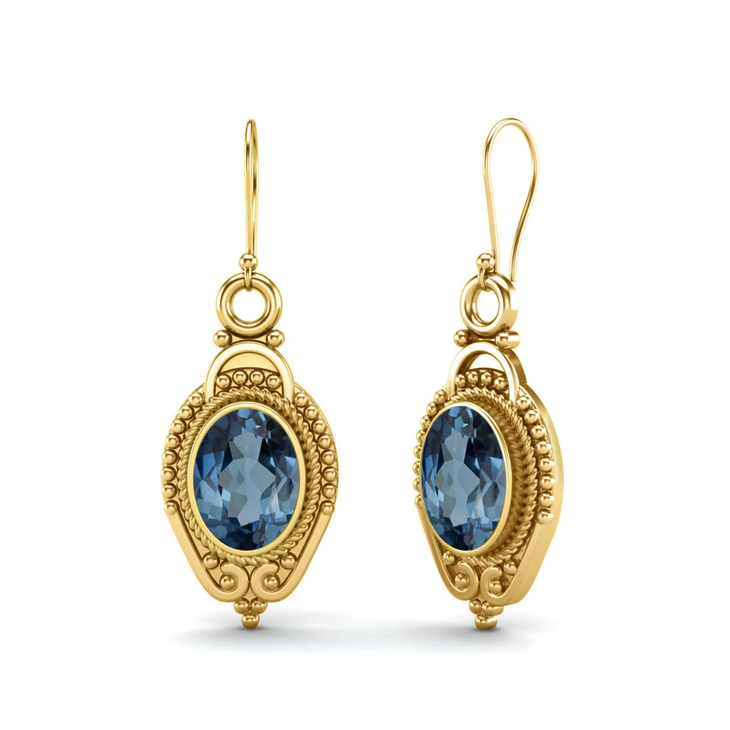 9k Gold 7x5mm Oval London Blue Topaz Dangle Earrings For Women