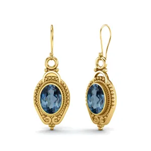 9k Gold 7x5mm Oval London Blue Topaz Dangle Earrings For Women