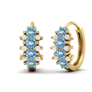 9k Yellow Gold 3MM Round Blue Topaz Huggie Hoop Earrings For Women