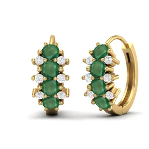 9k Yellow Gold 3MM Round Emerald Zambia Huggie Hoop Earrings For Women