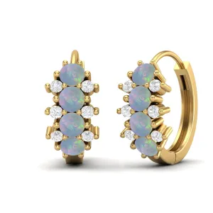 9k Yellow Gold 3MM Round Ethiopian Opal Huggie Hoop Earrings For Women