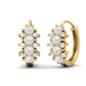 9k Yellow Gold 3MM Round Pearl Huggie Hoop Earrings For Women