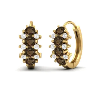 9k Yellow Gold 3MM Round Smoky Quartz Huggie Hoop Earrings For Women