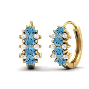 9k Yellow Gold 3MM Round Swiss Blue Topaz Huggie Hoop Earrings For Women